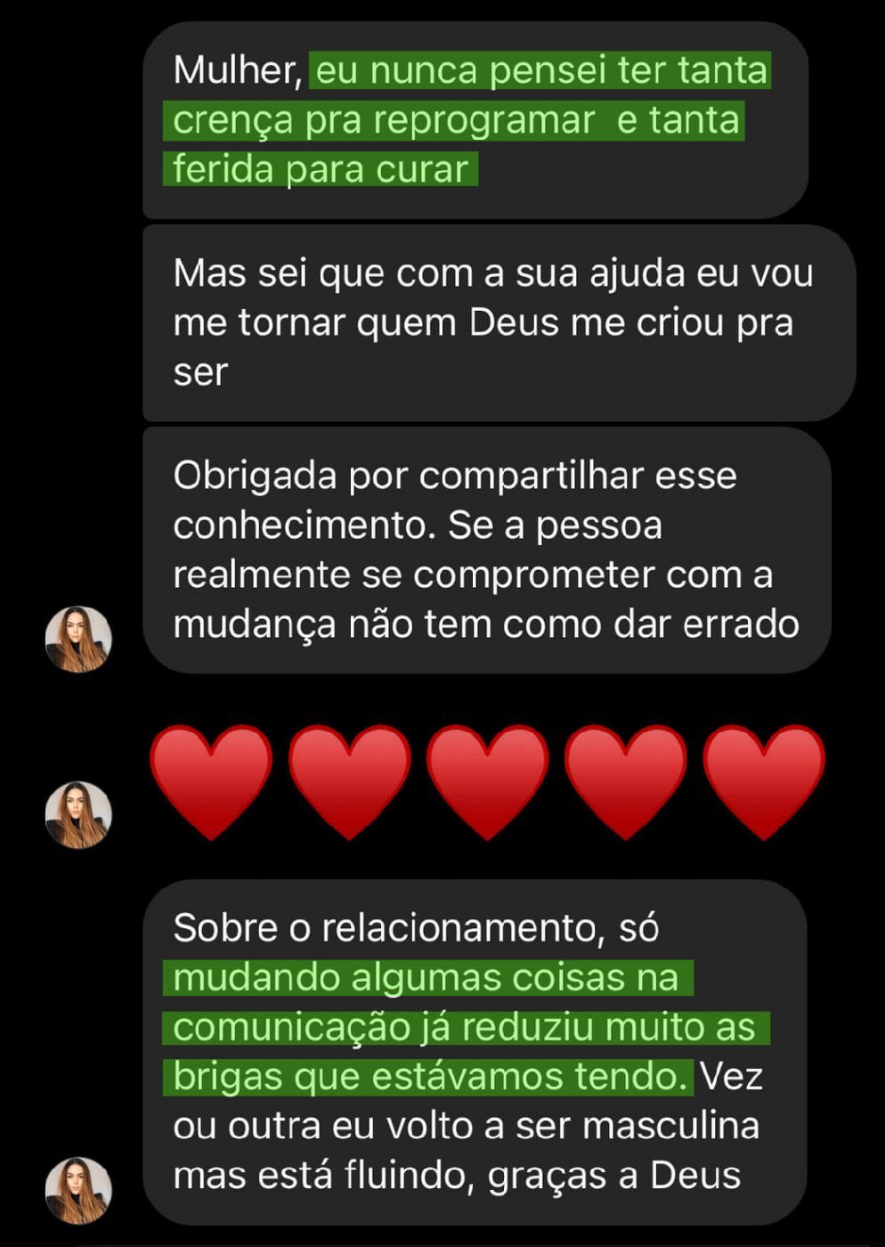 Print de depoimento: aluna diz que reprogramou crenças e curou feridas, reduzindo as brigas no relacionamento